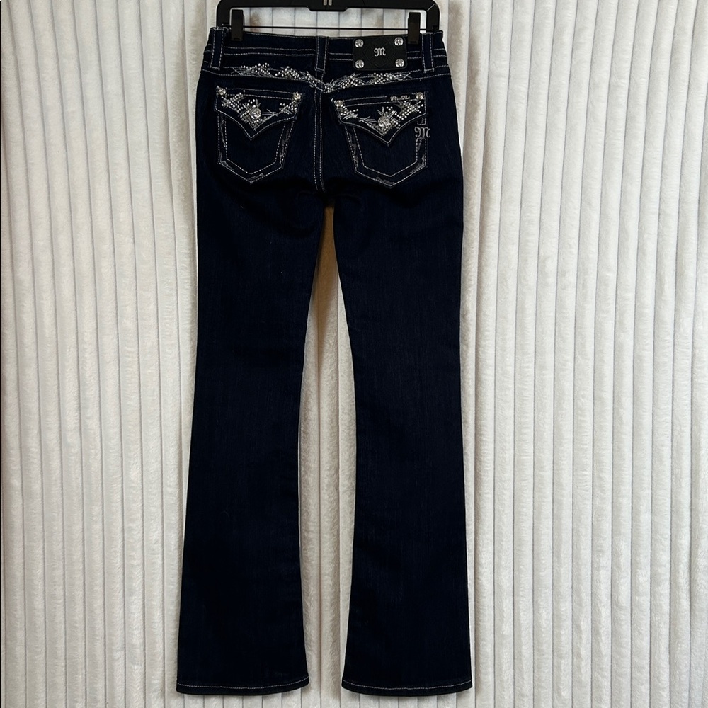 Miss Me Jeans bling button flap back pocket dark wash boot cut low rise jeans 27